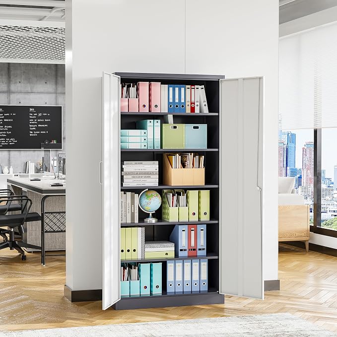 STANI Metal Garage Storage Cabinet with Lock, 71" Steel Lockable File Cabinet, Locking Steel Storage Shelf with 5 Adjustable Shelves for Home, Office, Warehouse, Garage, School (White+Grey)