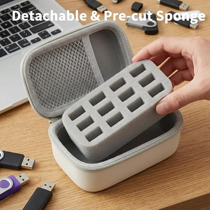 Comecase 12 Slots USB Flash Drive Case, Hard Shell Organizer for Thumb Drives & Jump Drives with Carabiner, Portable USB Case with Removable Pre-cut Sponge & SD Card Mesh Pocket (White, Small)