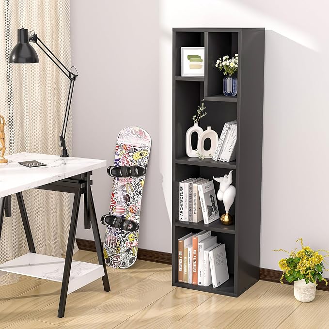 VECELO 4-Tier Slim Bookcase, Modern Storage Cabinet, Slim Bookshelf, Fits Tallest Hardcover, 5 Cubes, Vertical or Horizontal, Easy Assembly, Vintage Black