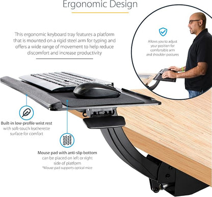 StarTech.com Under Desk Keyboard Tray - Full Motion & Height Adjustable Keyboard and Mouse Tray, 10"x26" Platform - Ergonomic Desk Mount Computer Keyboard Tray with Mouse Pad & Wrist Rest (KBTRAYADJ2)