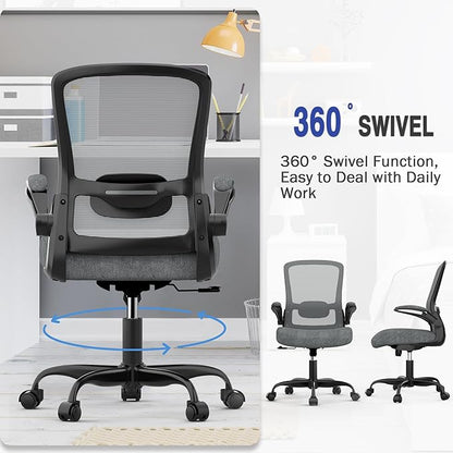 Mimoglad Ergonomic Office Chair - Desk Chair with Flip-up Armrests & 135° Recline, Adjustable Lumbar Support - Space-Saving Task Chair for Business/Team Office & Home (Iron Gray, 300lbs)