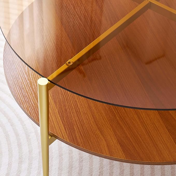 LumFurn Extra Large Round Coffee Table, Mid-Century Modern Design, D34 x H17 in, for Living Room, 2-Tier Structure, Amber Glass Top and Walnut MDF Shelf, Sleek Conical Metal Legs with Gold Finish