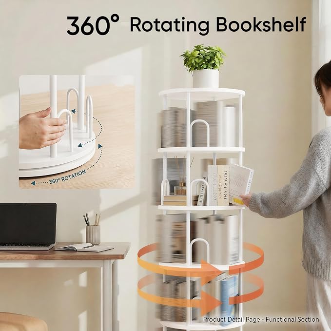 4 Tier White Rotating Kids Bookshelf Tower, Small Narrow Corner Book Shelf For Childrens, Toddler, Nursery Bookcase For Toy, Dispaly white shelves For Bedroom Living Room Office Kitchen Shelf Tower