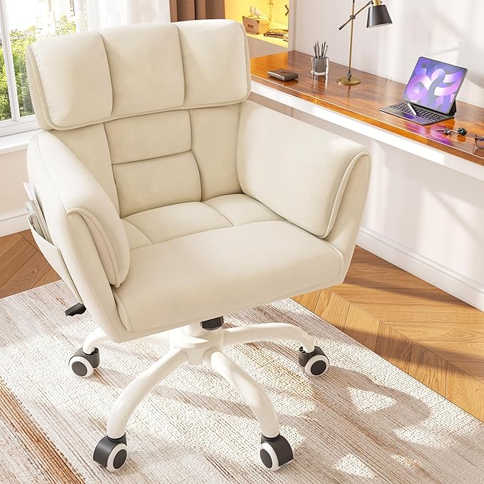 DurayLoly Vanity Chair with Wheels & Soft Velvet Fabric, Desk Chair Comfy with Back, Upholstered Home Office Chair with Side Pockets for Bedroom, Office, Make-up Room, Height Adjustable, Beige