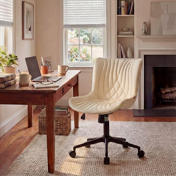 YOUNIKE Office Chair, Armless Desk Chair with Wheels, Adjustable Swivel Home Office Computer Task Chairs, Modern Faux Leather Padded Vanity Chair with Back, Beige