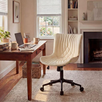 YOUNIKE Office Chair, Armless Desk Chair with Wheels, Adjustable Swivel Home Office Computer Task Chairs, Modern Faux Leather Padded Vanity Chair with Back, Beige