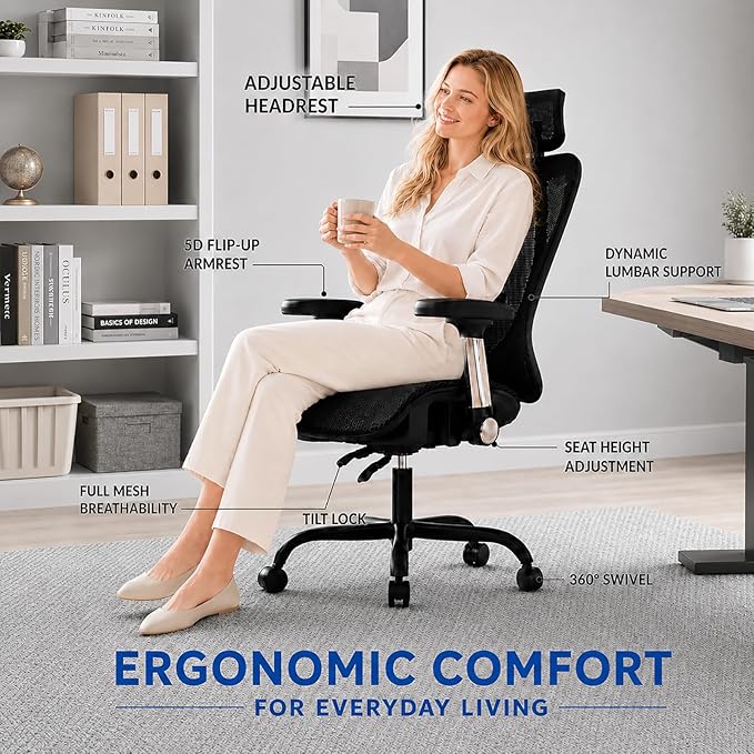Ergonomic Office Chair, Breathable Mesh Back and Seat, High Back Desk Chair with Adjustable Lumbar Support, 5D Armrests, 135° Reclining Backrest, 2D Headrest, Home Office Computer Chair