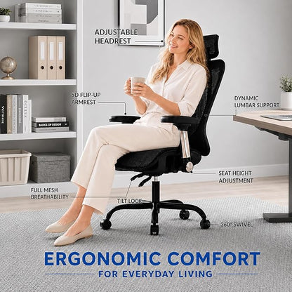 Ergonomic Office Chair, Breathable Mesh Back and Seat, High Back Desk Chair with Adjustable Lumbar Support, 5D Armrests, 135° Reclining Backrest, 2D Headrest, Home Office Computer Chair
