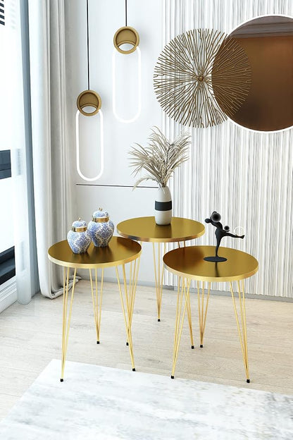 Set of 3 High Gloss Gold Nesting End Tables Round Wood Stacking Coffee Side Accent Table with Metal Legs for Living Room, Home Office, Nightstands for Bedroom