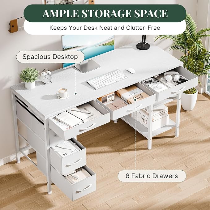 55" Computer Desk with 6 Drawers, Home Office Gaming Desks with Storage Shelves for Bedroom, Writing Study Corner Living Room Work Table White