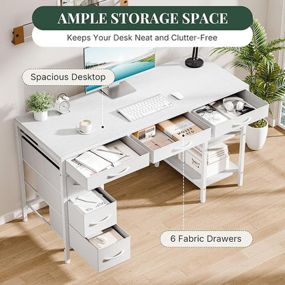 55" Computer Desk with 6 Drawers, Home Office Gaming Desks with Storage Shelves for Bedroom, Writing Study Corner Living Room Work Table White