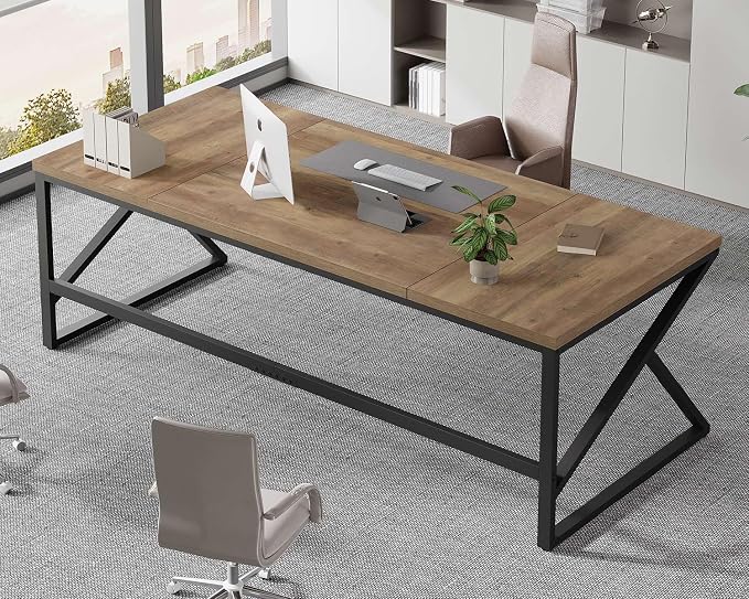 HSH Extra Large Home Office Desk, Rustic Wood and Metal Computer Desk for 2 People, 78 Inch Long Executive Writing Study Gaming Double Desk Workstation, Bedroom Living Room PC Table for 2 Monitors