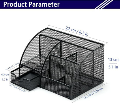 Boutilon Mesh Desk Organizer Desktop Office Supplies Stationary Organizer with 6 Compartments and 1 Drawer Multi-Functional Caddy Pen Holder for Home Office School Desk Decor(Black)