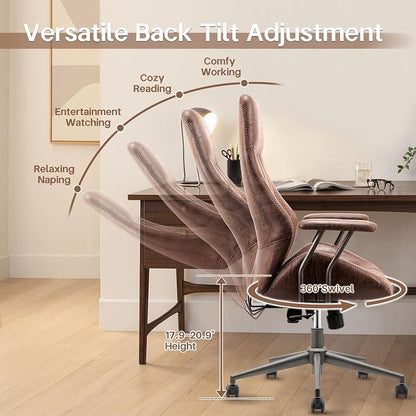 HOOOWOOO Faux Suede Leather Home Office Desk Chair,MCM Modern Ergonomic Task Work Chair,Computer Gaming Chair with Cushion Seat Lumbar Support Reclining High Back for Long Hours(Chocolate Brown)