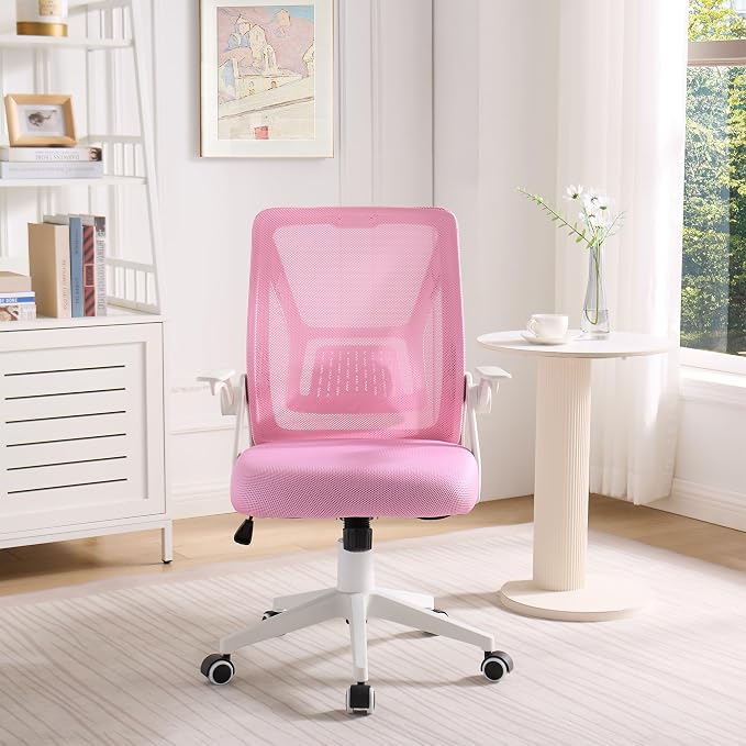VECELO Mid-Back Swivel Ergonomic Office Chair with Adjustable Arms Mesh Lumbar Support for Computer Task Work, Pink