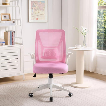 VECELO Mid-Back Swivel Ergonomic Office Chair with Adjustable Arms Mesh Lumbar Support for Computer Task Work, Pink