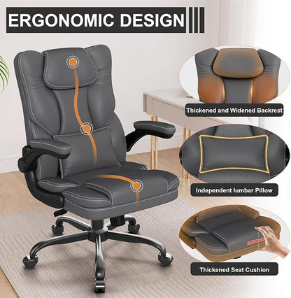 Ergonomic Office Chair with Flip-Up Armrests, Mid Back Executive PU Leather Desk Chair, Height Adjustable with Lumbar Support, Rocking & Swivel Computer Chair for Home Office