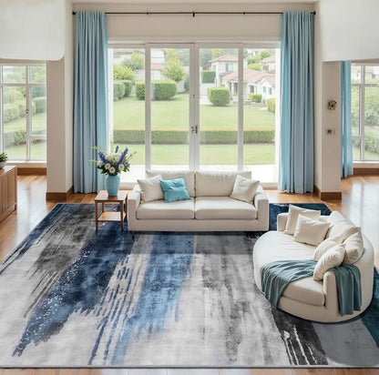 Ciicool Modern Abstract Deep Blue Gray Rug for Living Room, 9'x12' Machine Washable Area Rug Non-Slip Rug, Low-Pile Contemporary Indoor Dining Floor Carpet for Bedroom Office Under Table Home Decor