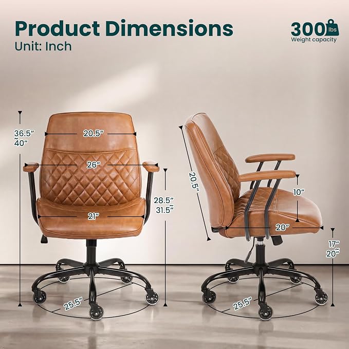 NEO CHAIR Ergonomic Leather Office Desk Chair with Adjustable Armrests Mid Back Lumbar Support Swivel Executive Computer Chair with Wheels Comfy Home Office Chair for Adults (Brown)