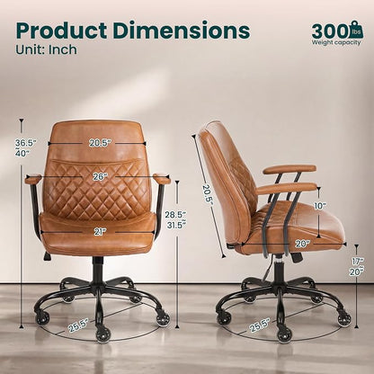 NEO CHAIR Ergonomic Leather Office Desk Chair with Adjustable Armrests Mid Back Lumbar Support Swivel Executive Computer Chair with Wheels Comfy Home Office Chair for Adults (Brown)