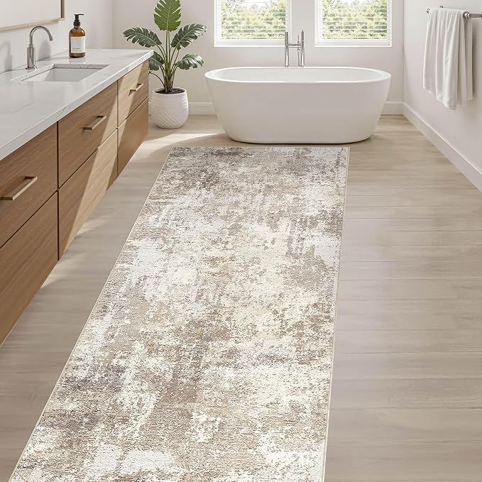 Runner Rug Kitchen Washable Rugs: 2x5 Non-Slip Abstract Soft Modern Stain Resistant Indoor Floor Neutral Accent Throw Carpet for Hallway Bathroom Laundry Room Entryway Bedroom- Beige Brown
