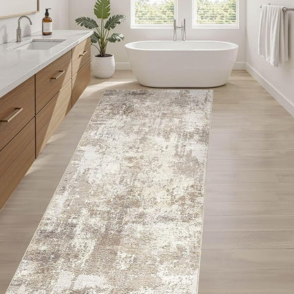 Runner Rug Kitchen Washable Rugs: 2x6 Non-Slip Abstract Soft Modern Stain Resistant Indoor Floor Neutral Accent Throw Carpet for Hallway Bathroom Laundry Room Entryway Bedroom- Beige Brown