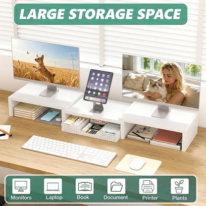 OPNICE Desk Organizer, Dual Computer Monitor Stand Riser with Drawer, Office Desk Accessories & Workspace Organizers, White