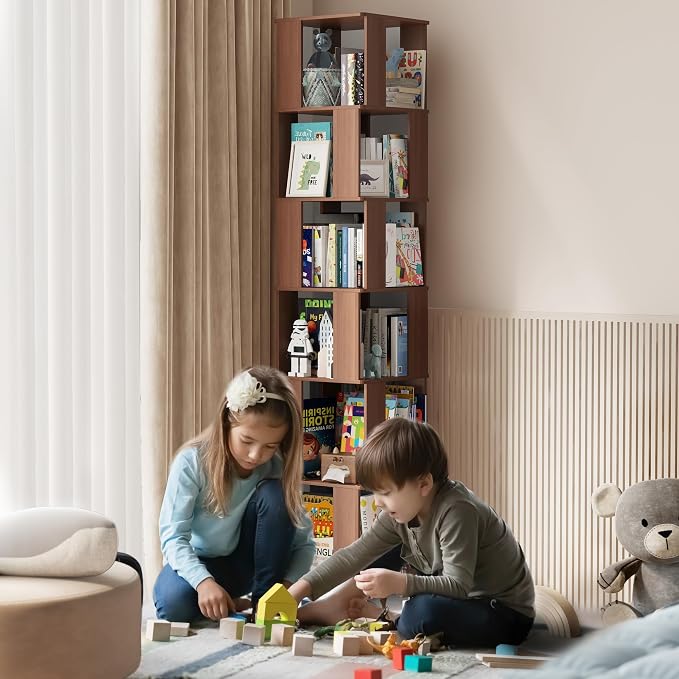 6 Tier Solid Wood Rotating Bookshelf Tower on Wheels, 360° Upgrade Spinning Book Shelf, Revolving Bookcase Organizer, Swivel Bookshelves for Small Spaces, Corner, Bedroom, Kids Room, Office (Brown)