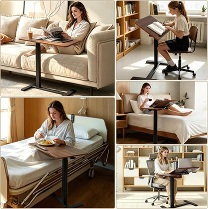 Adjustable Overbed Table with Tilt Board & Wheels, Rolling Bedside Laptop Desk for Hospital Bed Home Office, Height Adjustable Bed Table Tray for Eating Working Reading, 26.18”-42.12”（Brown）
