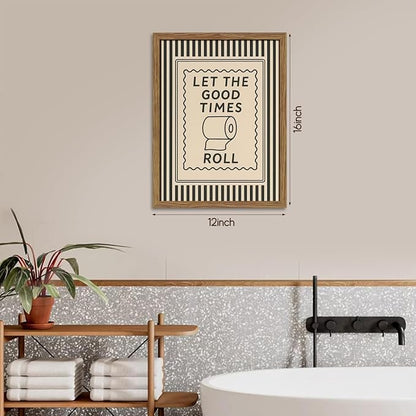 Framed Let The Good Times Roll Bathroom Print, Vintage Funny Toilet Quote Canvas Wall Art, Stripes Bathroom Picture Poster, Downstairs Toilet Painting Wall Decor 12x16 inch