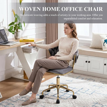 NIOIIKIT Home Office Chair, Velvet Upholstered Task Chair with Woven Open Back, 360° Swivel Desk Chair with Wheels, Adjustable Vanity Chair, Computer Chair for Office, Studio (Grey)