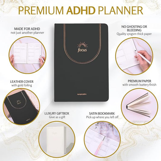 ADHD Daily Planner for Neurodivergent Adults – Premium Leather Productivity & Task Management Planner with Guided Focus Pages, 170gsm Paper, Gold Foiling & Gift Box – Undated | A5 (Black)