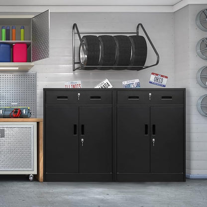 CMY Metal Storage Cabinet, Locking Storage Cabinet with 1 Drawer and Adjustable Shelf, 36" H x 28" W x 16" D Metal Cabinets for Office, Garage, Home-Black