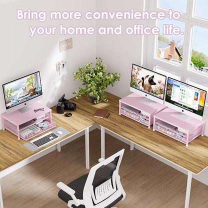OPNICE Computer Monitor Stand Riser, Desk Organizer with Drawer, Printer & Laptop Stand, Office Desk Accessories & Workspace Desktop Organizers Storage for Office Supplies(Pink)