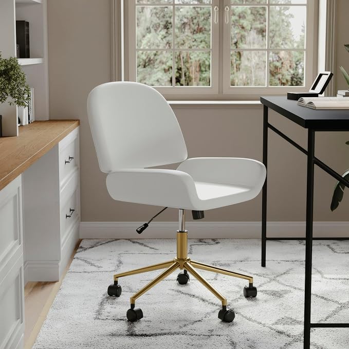 Martha Stewart Tyla Armless Swivel Task Chair for Home Office in White Faux Leather with Polished Brass Frame