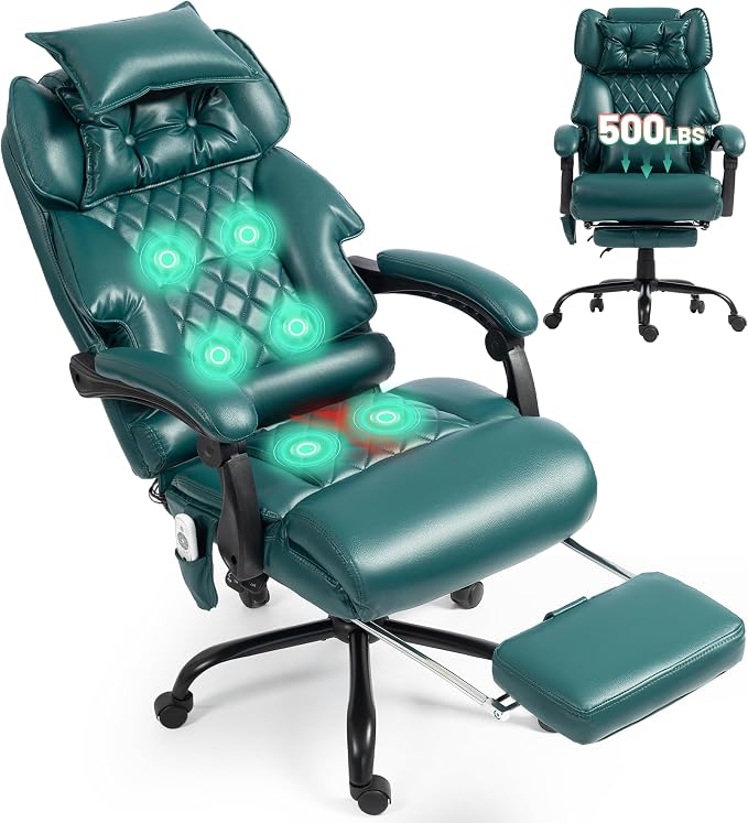 Massage Office Chair with Foot Rest,6 Points Vibration & Heat Executive Office Chairs for Heavy People,500LBS Big and Tall Office Chair,Ergonomic Reclining Desk Chair,Dual-Use Pillow,Home Office,Green