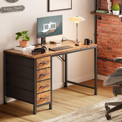 PRAISUN 39.4 Inch Computer Office Desk with Power Outelts and USB-C Port, Reversible Gaming Desk with 4 Fabric Drawers, Work Study Desk Work from Home, Rustic Brown