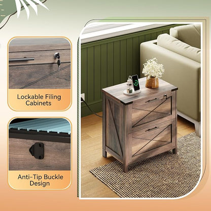 DEVAISE Lateral File Cabinet with Lock, 2 Drawers & Charging Station, Farmhouse Wood Printer Stand with Large Storage, Fits A4/Letter/Legal Hanging Files, Dark Brown