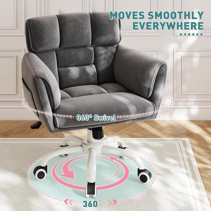 DurayLoly Home Office Chair with Wheels Soft-Touch Material,Modern Cute Vanity Chair with Back Adjustable Height Upholstered Comfy Desk Chairs with Side Pockets for Bedroom,Grey