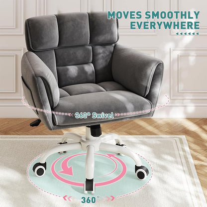 DurayLoly Home Office Chair with Wheels Soft-Touch Material,Modern Cute Vanity Chair with Back Adjustable Height Upholstered Comfy Desk Chairs with Side Pockets for Bedroom,Grey