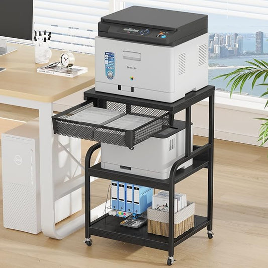 EasyCom Large Printer Stand with Storage Drawer, 5 Adjustable Shelf & 3-Tier Rolling Cart with Industrial Wheels for Desk, Mobile Printer Table for Home Office Fits 3D Printer Scanner Fax Black