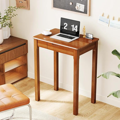 Wood Desk with Drawers - Solid Wood Mid Century Modern Desks for Bedroom, Small Computer Desk for Laptop, Study, Makeup, 23.6 W x 29.5 H x 15.7 D in, Walnut Color