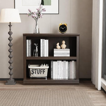 blini Bookshelf and Bookcase Set of 2, Cherry Wood Double Wide Large Bookshelves 2 Tier Wooden Bookshelf with Storage Cabinets for Living Room, Home Office, Library (Cherry Wood, 2 - Shelf)