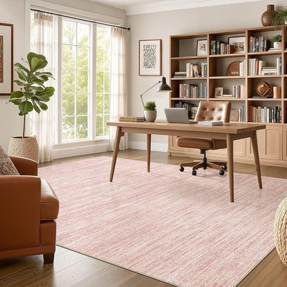 Nakagishi 10X12 Area Rugs Living Room: Washable Large Vintage Rug Neutral Non-Slip Soft Stain Resistant Indoor Carpet for Bedroom Nursery Dining Room Office Playroom - Pink