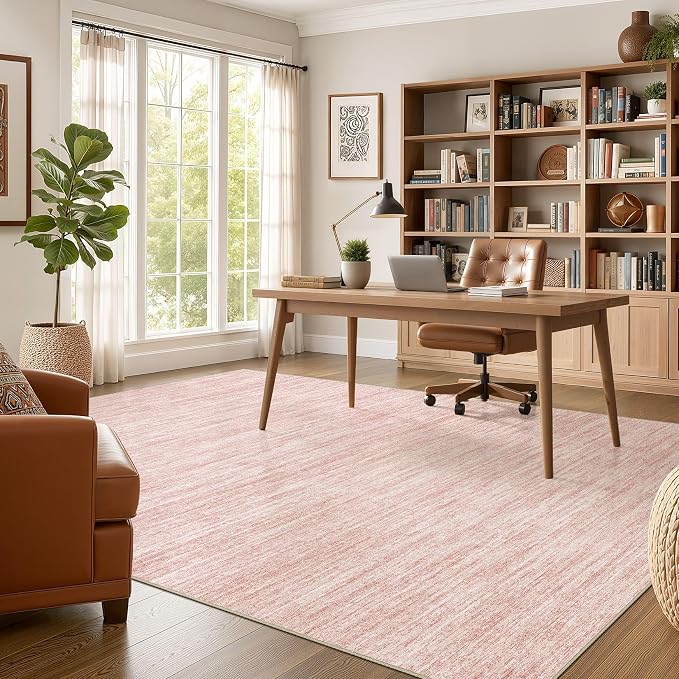 Nakagishi 7X9 Area Rugs Living Room: Washable Large Vintage Rug Neutral Non-Slip Soft Stain Resistant Indoor Carpet for Bedroom Nursery Dining Room Office Playroom - Pink