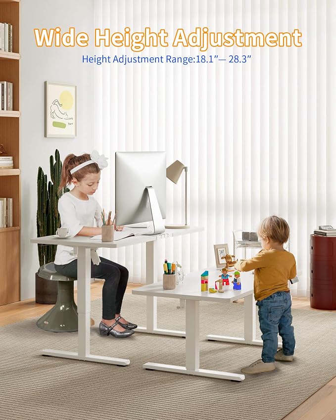 YIHAYO One-Piece Low Height Adjustable Desk, Lifts 18.1-28.3 Inches, Electric Standing Desk for Short People, 48 x 24 Inches Computer Table with Splice Board for Home Office, White