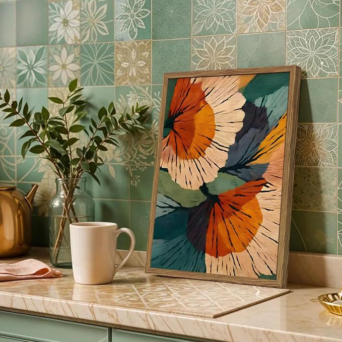 Framed Abstract Floral Wall Art, Boho Vintage Flower Pictures Wall Decor, Mid Century Modern Botanical Paintings Canvas Prints for Living Room Bedroom Office 12x16 inch