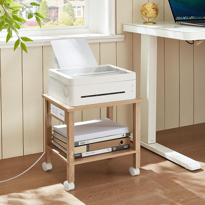 YUFAM 2 Tier Under Desk Printer Stand with Storage, Small Printer Table with Charging Station, Rolling Printer Cart Shelf with Lockable Wheels for Home, Office (Natural)