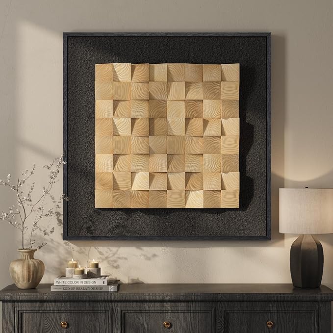 Framed 3D Textured Wood Wall Art, Modern Minimalist Nature Wood Geometric Artwork for Walls, Contemporary Rustic Black Sandstone Painting Wall Decor for Living Room, Bedroom, Kitchen, Office, 28x28