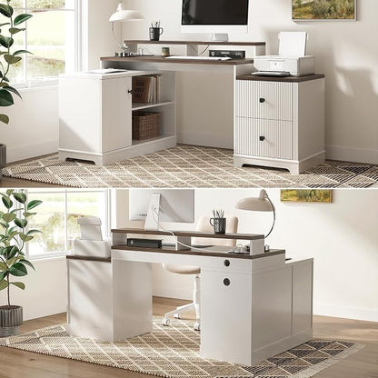 67" L Shaped Executive Desk with Drawers & Storage Shelf, Corner Computer Desk with Power Outlets, Home Office Desk with Monitor Stand, Printer Shelf, Computer Writing Desk for Work, Antique White